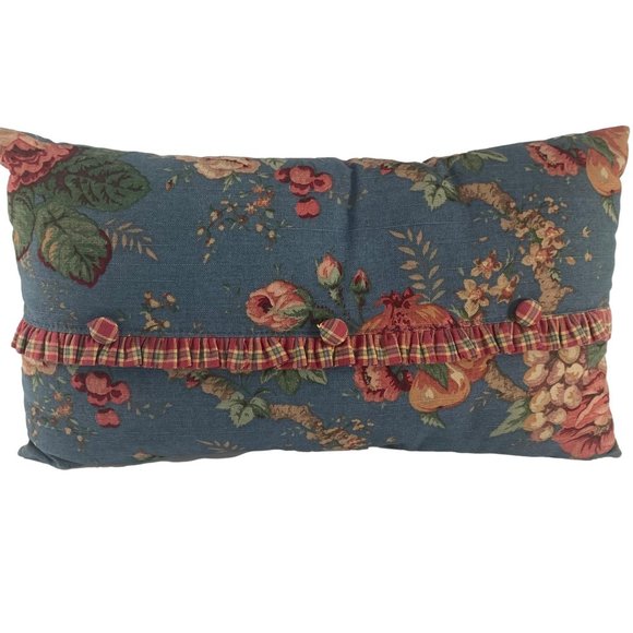 Unbranded Blue Pillow Pink Roses Plaid Ruffle Button Detail 19" X 11" - Picture 1 of 6